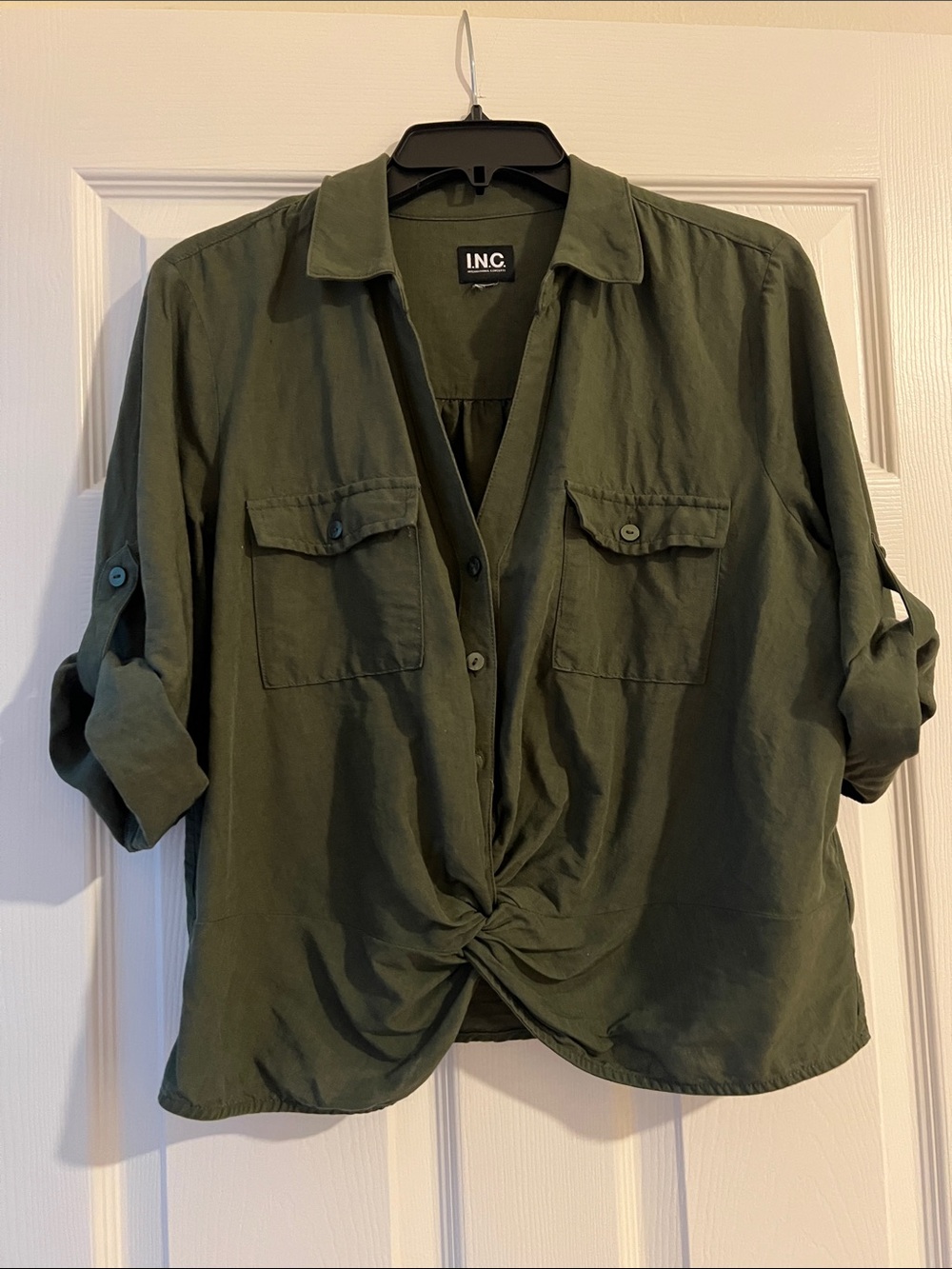 INC International Concepts Olive Twisted Front Button-Down Shirt